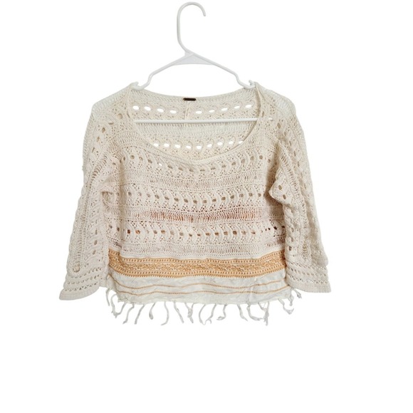 Free People Sweaters - Free People Fringed Crochet Knit Sweater Top XS Cream Boho Festival Layering